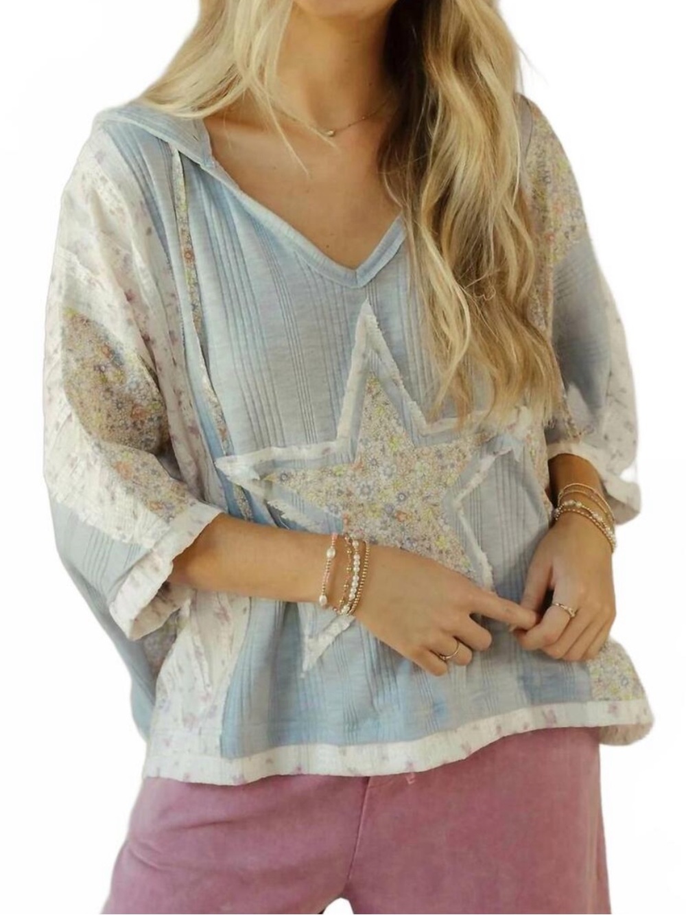 POL Star Patchwork V-Neck Women's Hooded Top - Light Blue Small